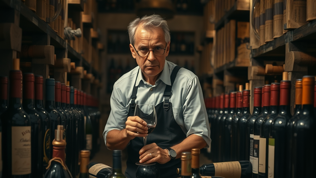 Somber private wine cellar with sommelier inspecting damaged bottles; wine cellar temperature and humidity issues