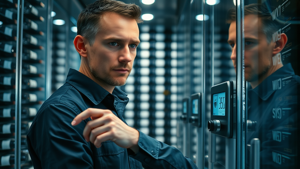 Modern wine cellar technician checking digital climate control panel for proper wine cellar cooling