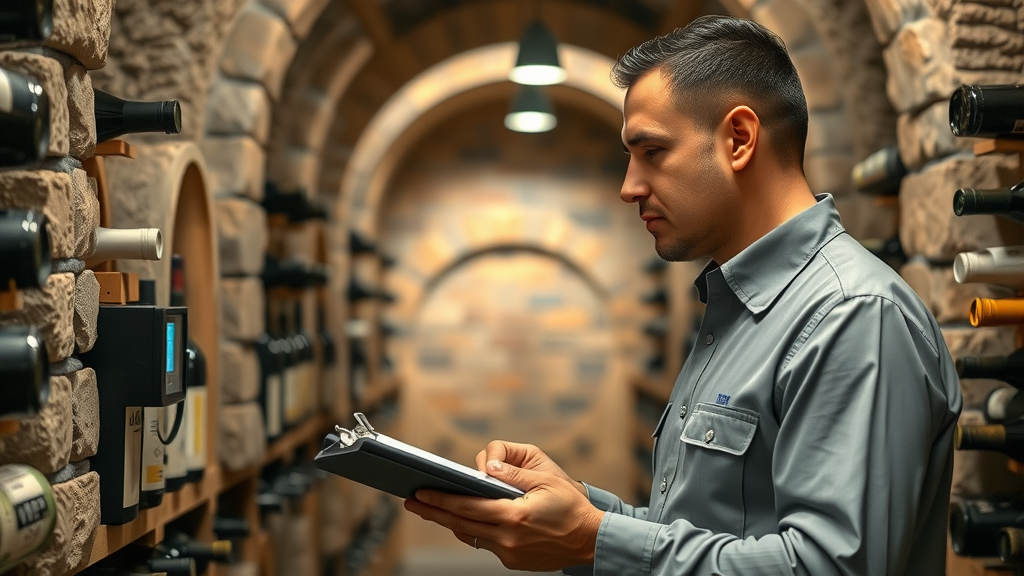 Meticulous wine cellar maintenance with inspector reviewing environmental controls in a stone-lined cellar