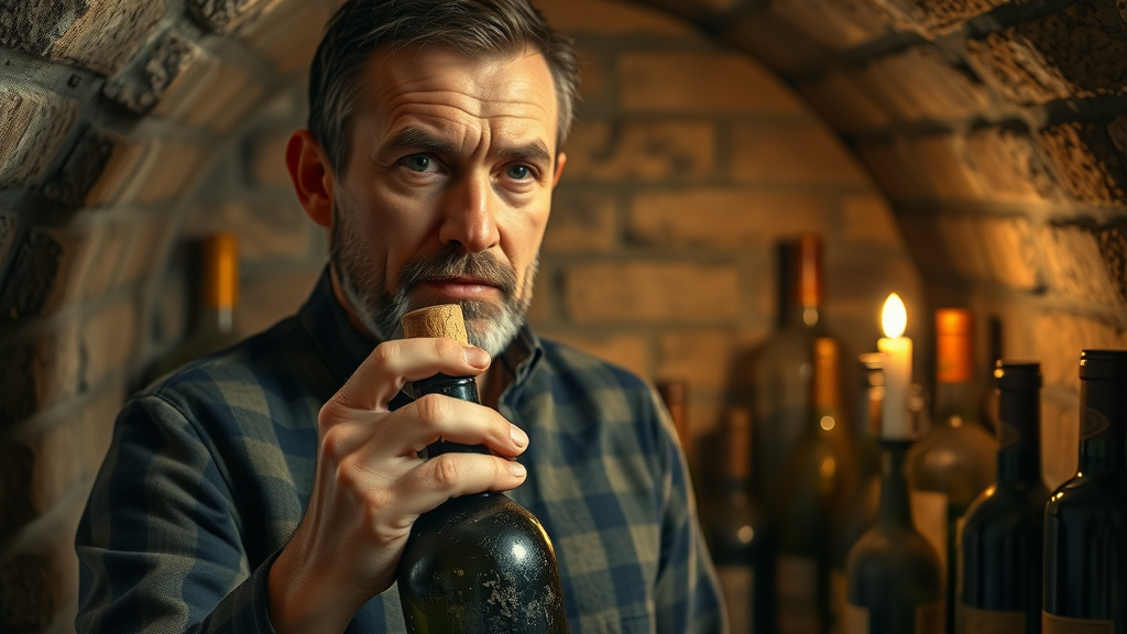 Collector examining a vintage bottle from an arched wine cellar after 20 years