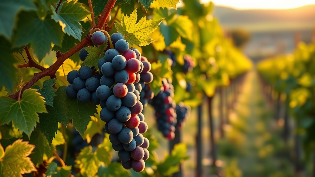 lush vineyard with ripe grapes, early morning, a viticulturist gently inspecting grape clusters, sweeping vineyard rows and distant winery, highly detailed, dewdrops glistening, soft golden sunlight