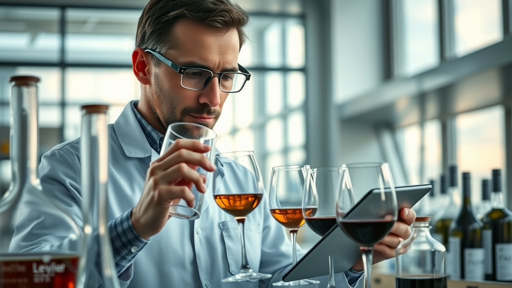 modern laboratory with wine samples, focused scientist analyzing wine in glassware, studying data, high-tech winery lab, dynamic reflections on glass
