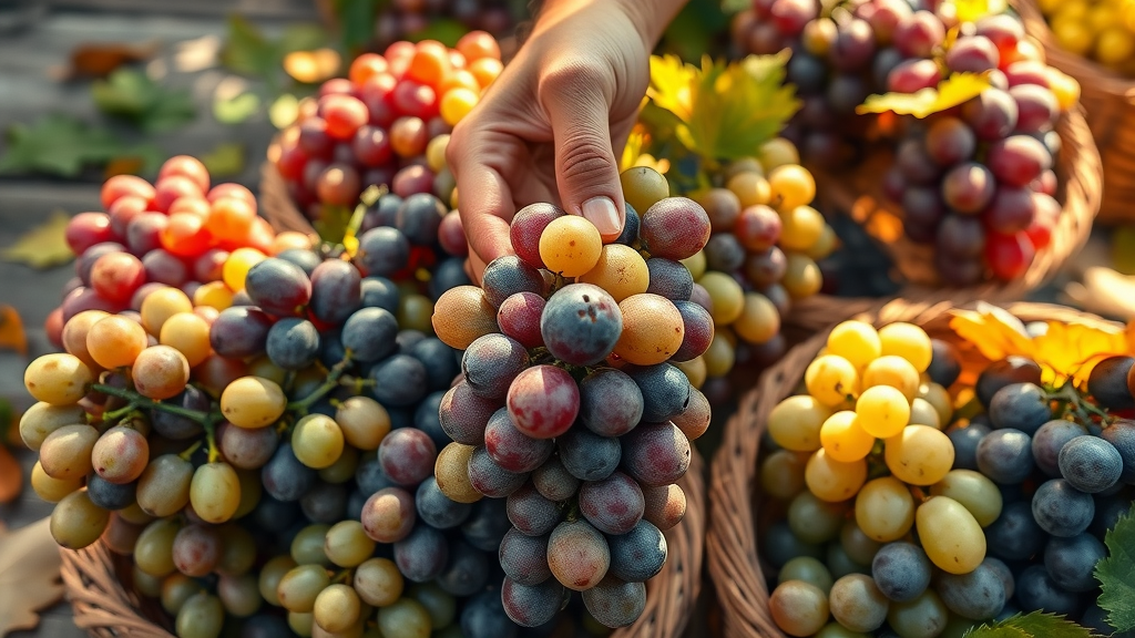 close-up of various grape varieties in baskets, winemaker’s hand selecting the best bunch, rustic winery table, grapes with dew and sunlight