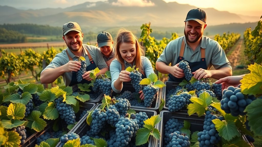 team of vineyard workers harvesting grapes, smiling, carefully placing bunches into crates, sprawling vineyard hills with morning fog