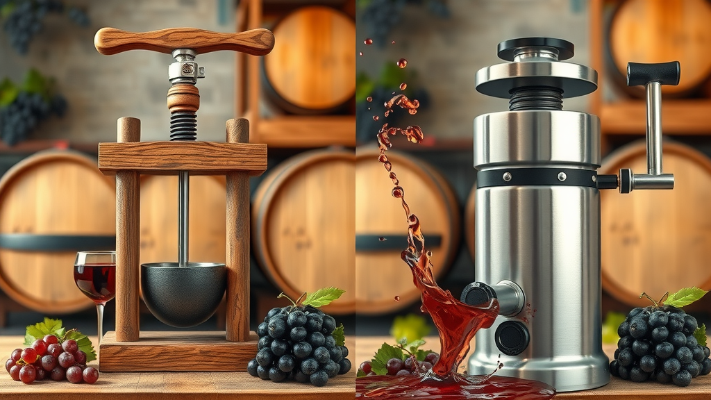 juxtaposition of old wooden wine press and modern stainless steel crusher, side-by-side, wine barrels and grapes, animated splashes of juice