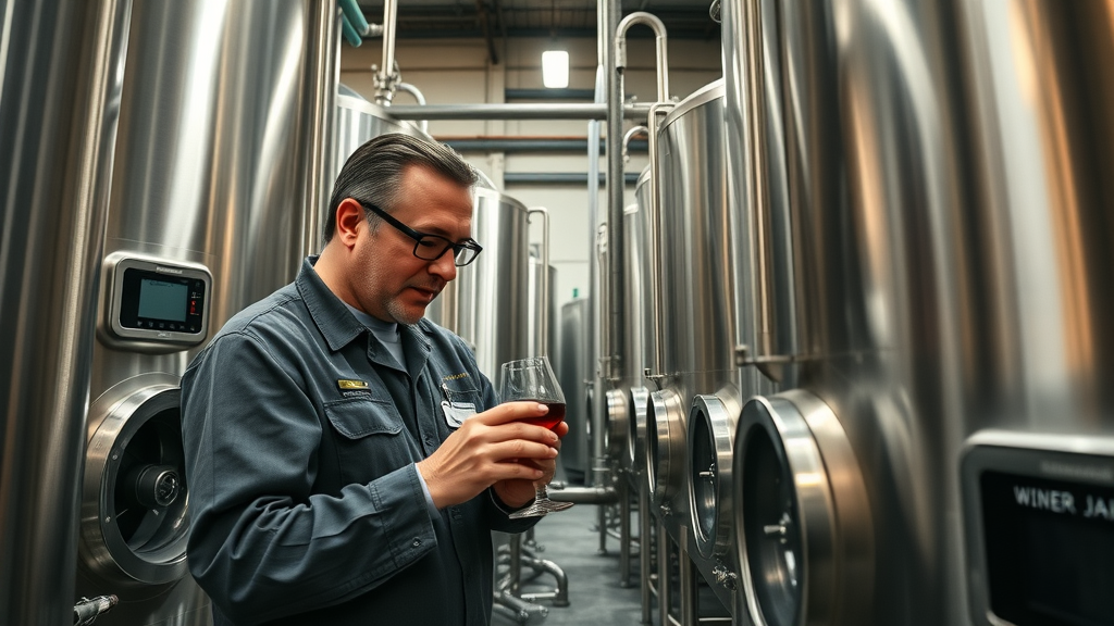 giant stainless steel fermentation tanks with digital displays, winemaker sampling fermenting wine, industrial winery setting, motion blur from moving staff