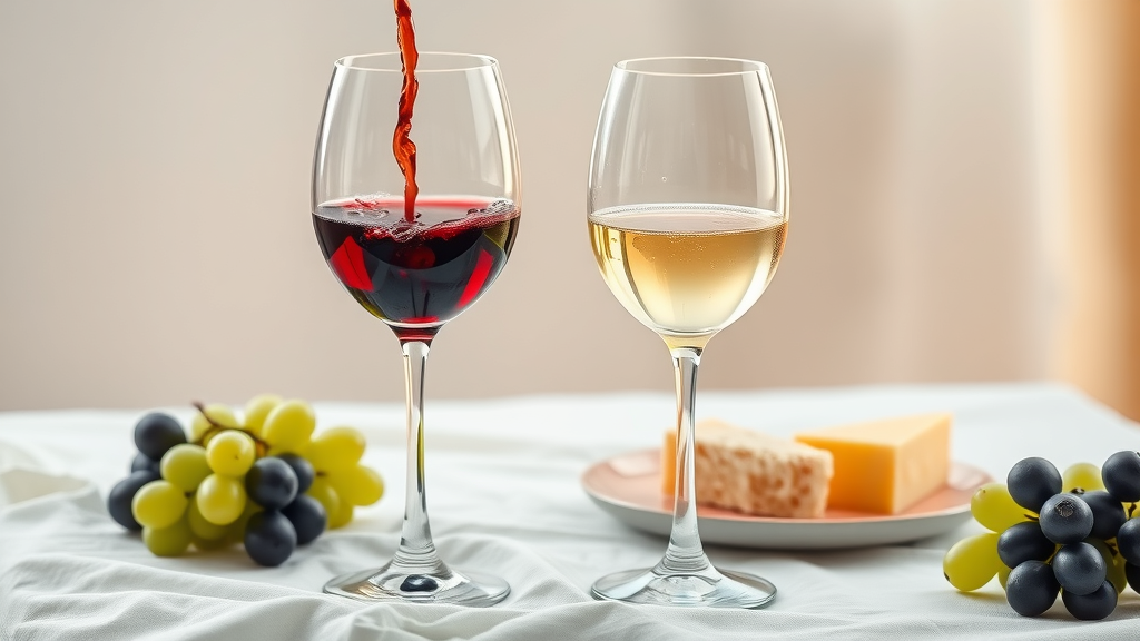 clear glass of red wine and a glass of white wine on a white linen, sparkling clarity, elegant table setup with cheese and grapes