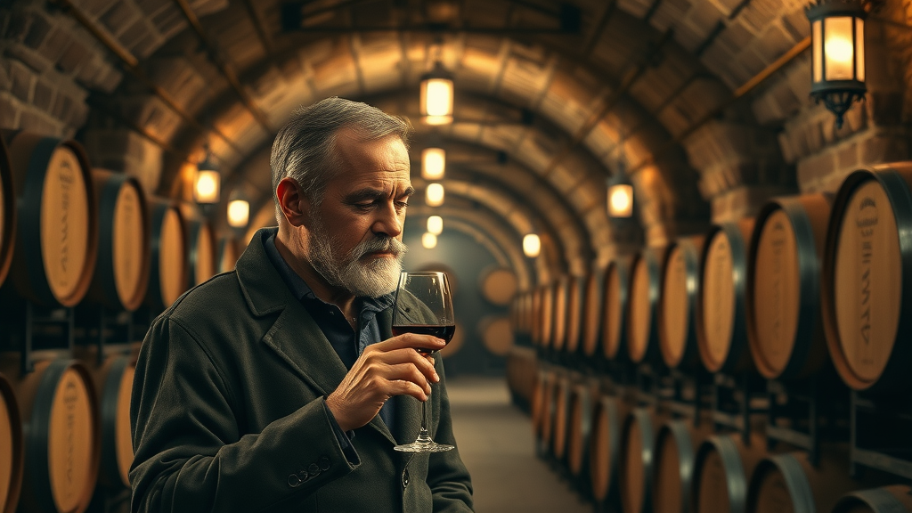 ancient wine cellar with stacks of oak barrels, cellarmaster assessing aroma through a tasting thief, arched stone ceilings, warm amber tones