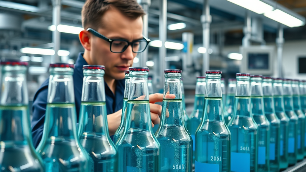 modern bottling line, sparkling clean glass bottles on conveyor, technician supervising, contemporary factory, motion of bottles being filled
