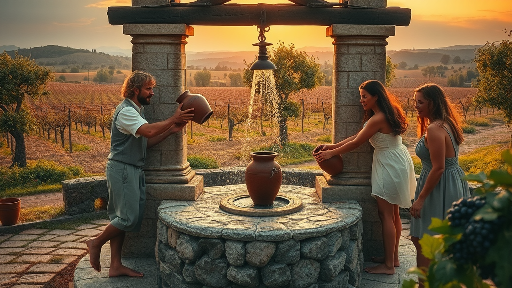 ancient stone wine press in historical vineyard, barefoot people stomping grapes joyfully, traditional garments, earthenware vessels, rolling hills, sunset glow