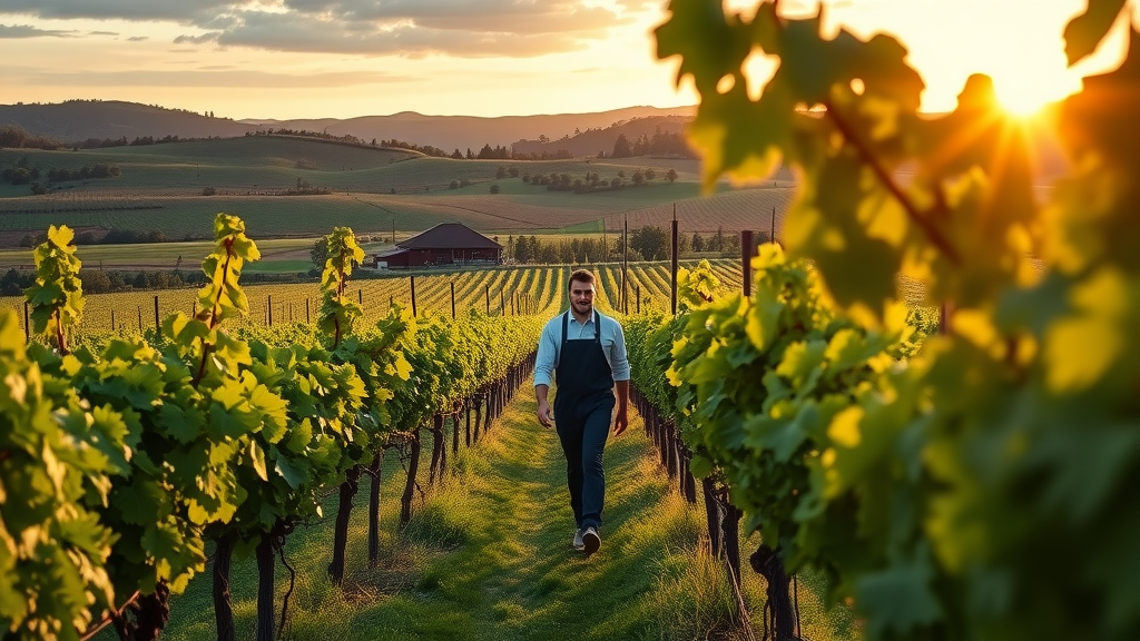 sun-kissed Napa Valley vineyard at dusk with boutique winery winemaker between grapevines