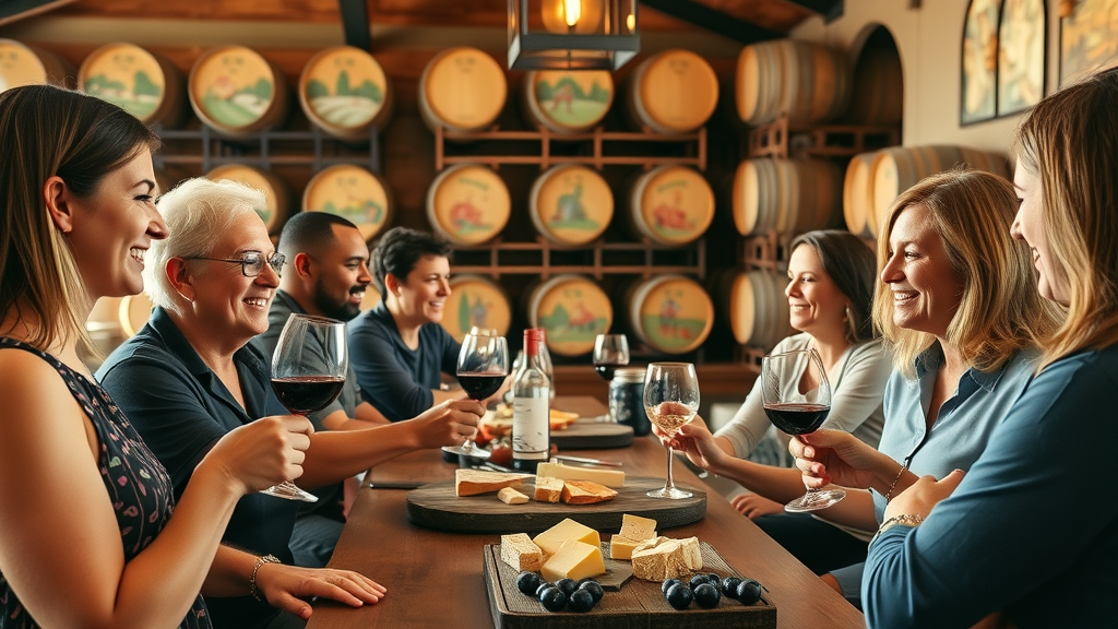 vibrant Paso Robles tasting room with wine enthusiasts sampling and hand-painted barrels