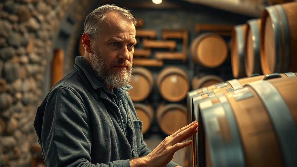 artisanal winemaker inspecting oak barrels in rustic boutique winery cellar