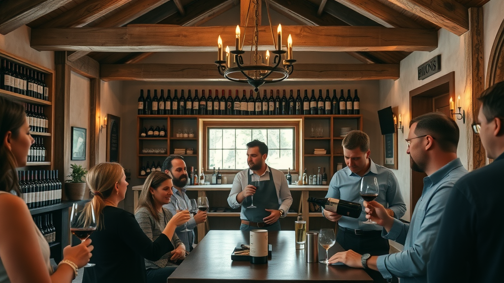 cozy boutique winery tasting room with winemaker pouring wine for visitors