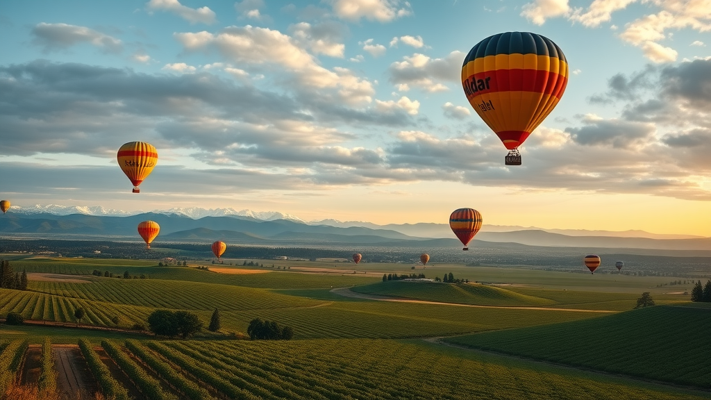 California wine country landscape with vineyards and hot air balloons over boutique wineries