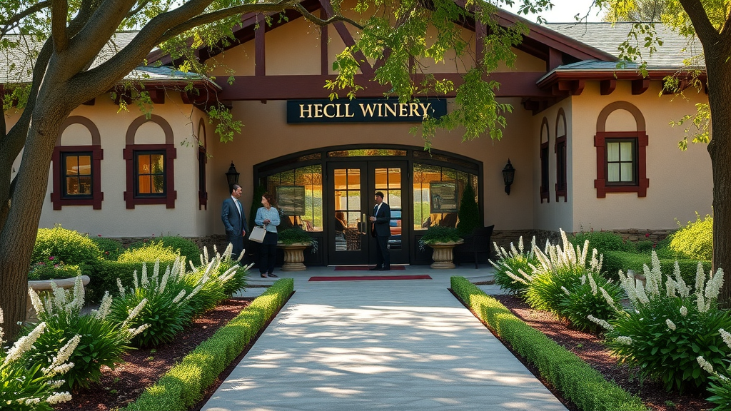 exclusive boutique winery entrance with landscaped path and tasting room