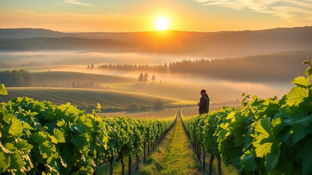 sustainable viticulture lush green vineyard landscape with healthy grapevines and a viticulturist observing vines in a radiant, misty setting