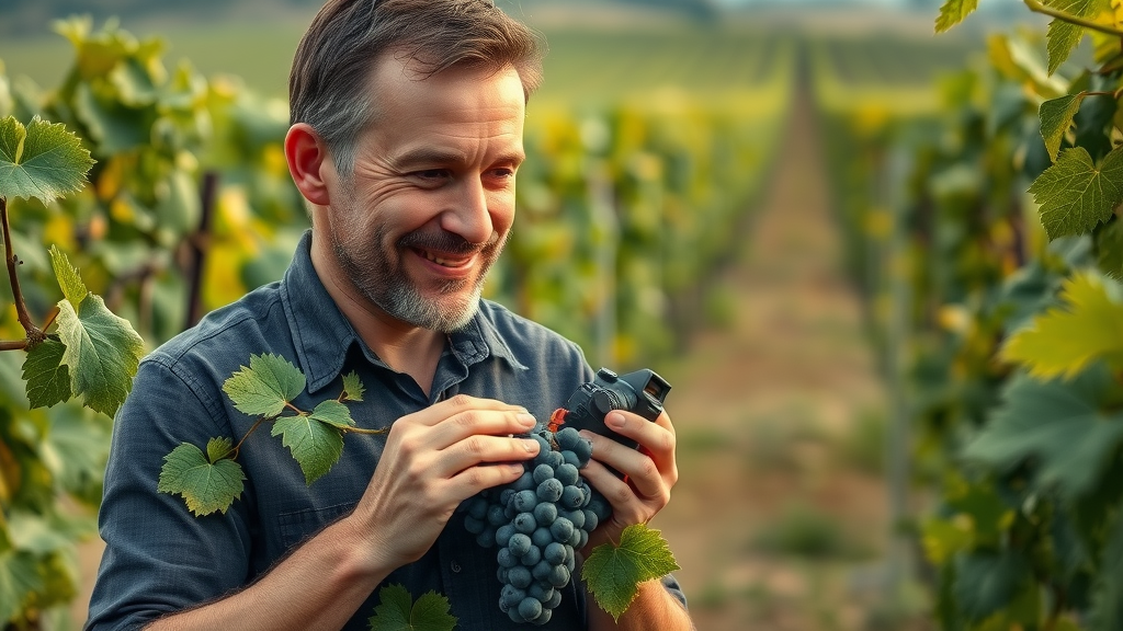 thoughtful winemaker practicing sustainable winegrowing, inspecting grape clusters in a healthy vineyard