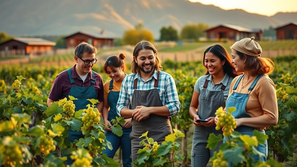 diverse winery workers collaborating in a sustainable vineyard, tending vines and enjoying positive working conditions