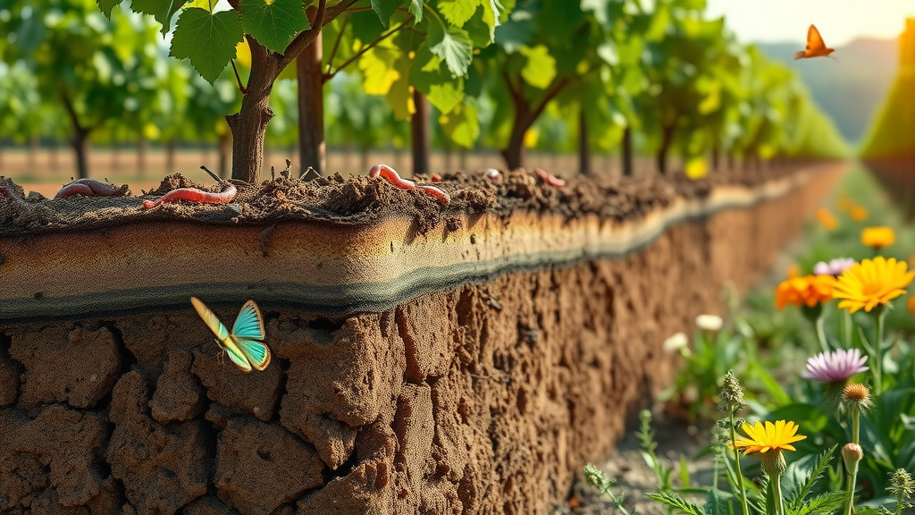 cross-section of healthy vineyard soil with rich biodiversity and sustainable viticulture practices