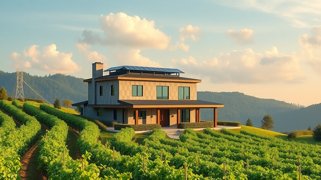 iconic sustainable winery with modern eco-architecture, solar panels, and surrounding vineyard landscape