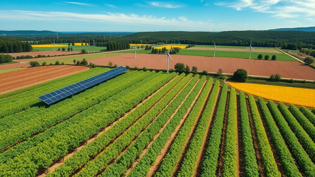 aerial view of sustainable vineyard with solar panels, wind turbines, and green cover crops between vine rows